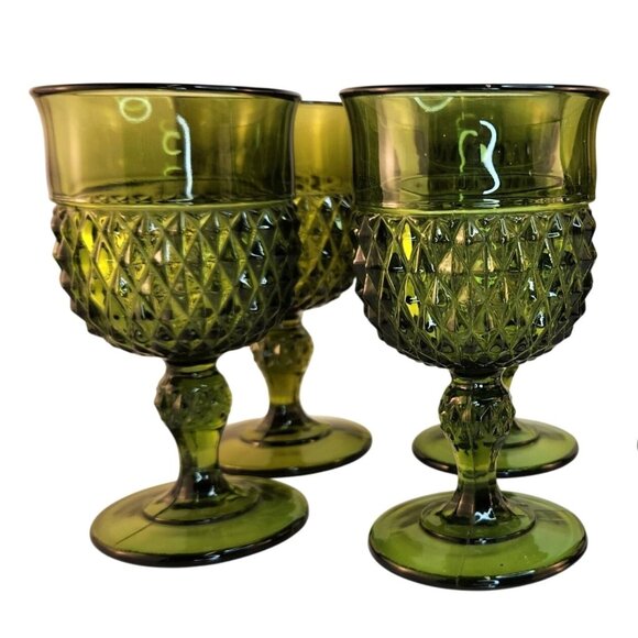 Vintage Green Glass Water Goblet Set Of 2 With Diamond Pattern Elegant Stemware - Picture 1 of 10